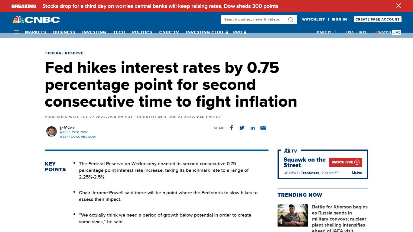 Fed decision July 2022: Fed hikes interest rates by 0.75 ... - CNBC