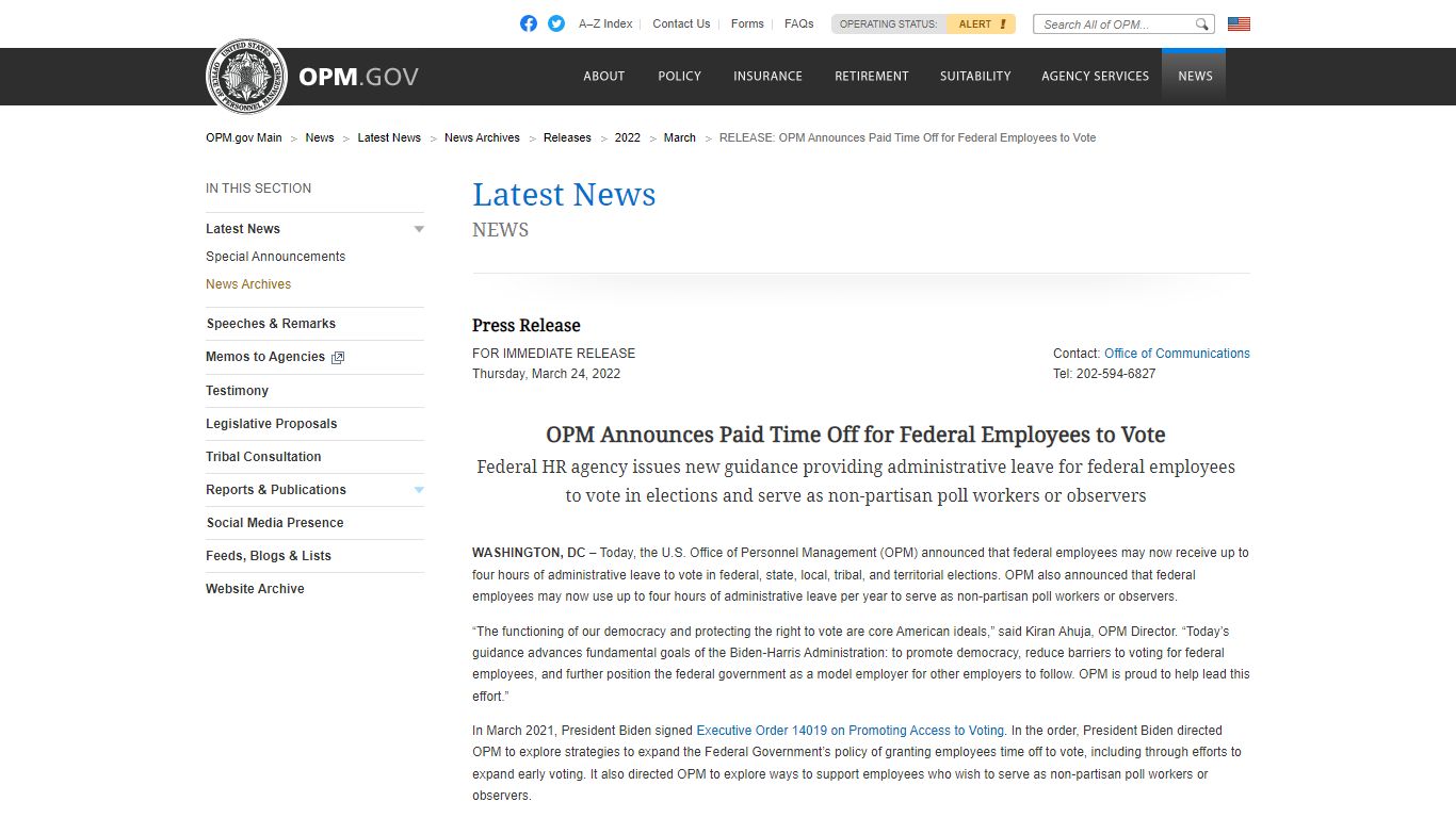 OPM Announces Paid Time Off for Federal Employees to Vote